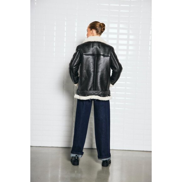 WITHBLACK Women's Faux Leather Shearling Aviator Jacket in Black - Sz M - NWT - Picture 4 of 11